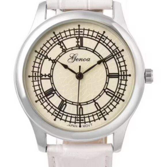Genoa Japanese Movement Watch Wristwatch with White Genuine Leather Strap Gift - Picture 1 of 3